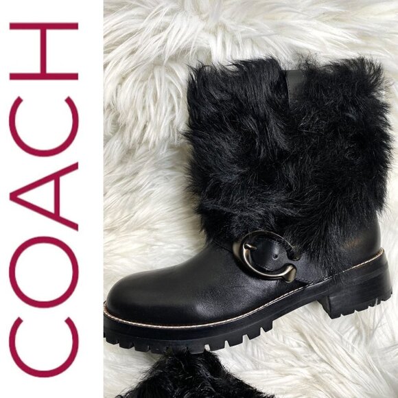 NWT COACH Leighton Shearling Lamb Fur Black Moto Boots, Size 6.5 (EU37) - Picture 3 of 13